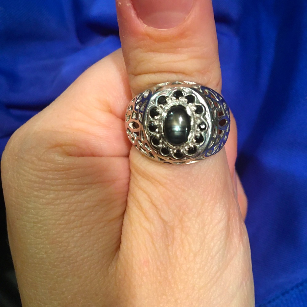 Black Star Sapphire Filagree Sterling Silver Ring